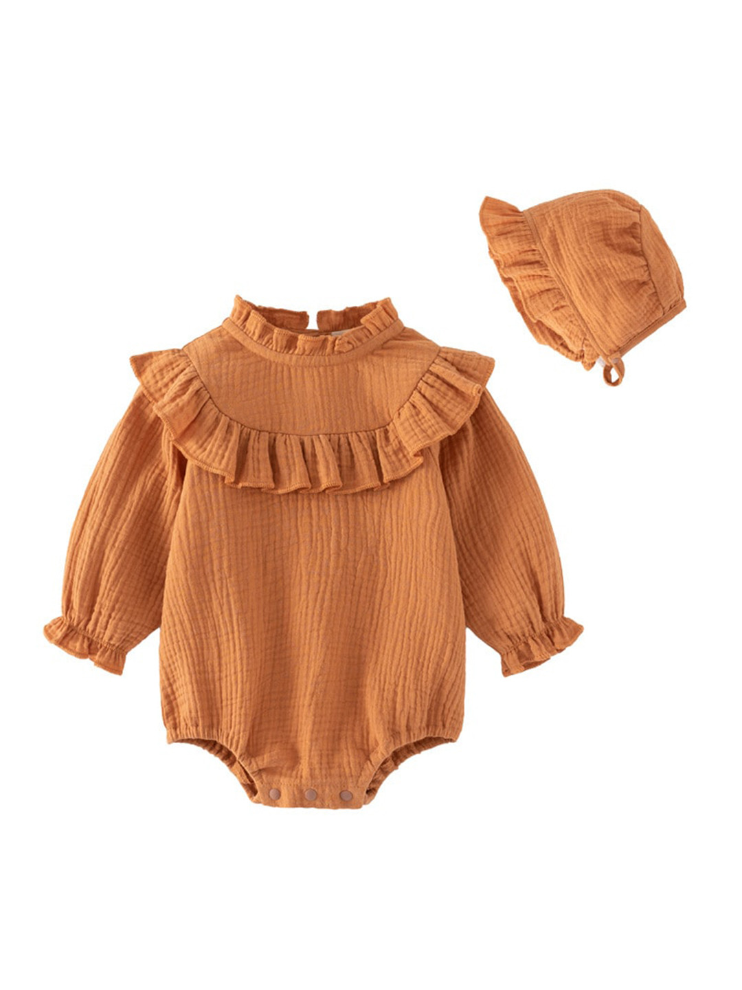 StyleCast Infant Girls Brown Puff Sleeves Cotton Bodysuit With Cap