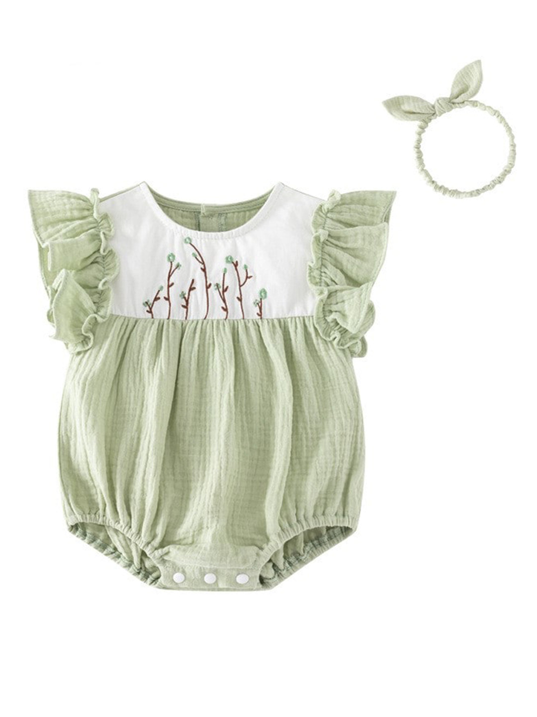 StyleCast Infants Girls Green Cotton Floral Embroidered Bodysuit with Headband