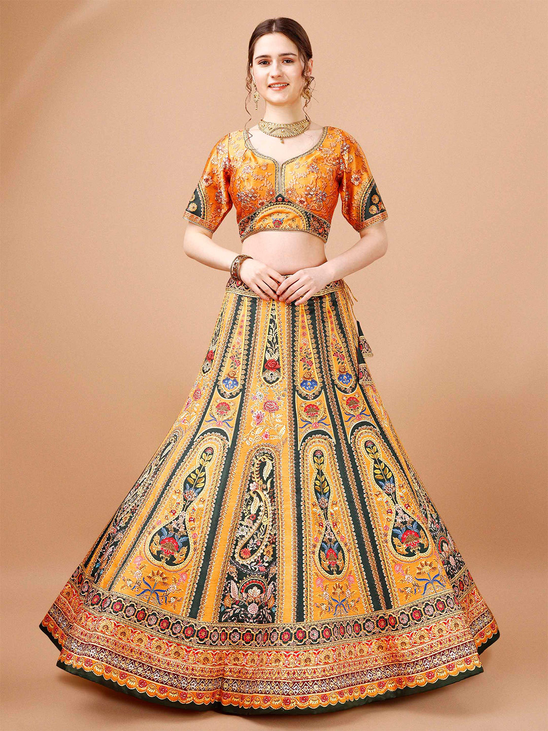 SAPTRANGI Floral Embroidered Beads And Stones Ready To Wear Lehenga & Blouse With Dupatta