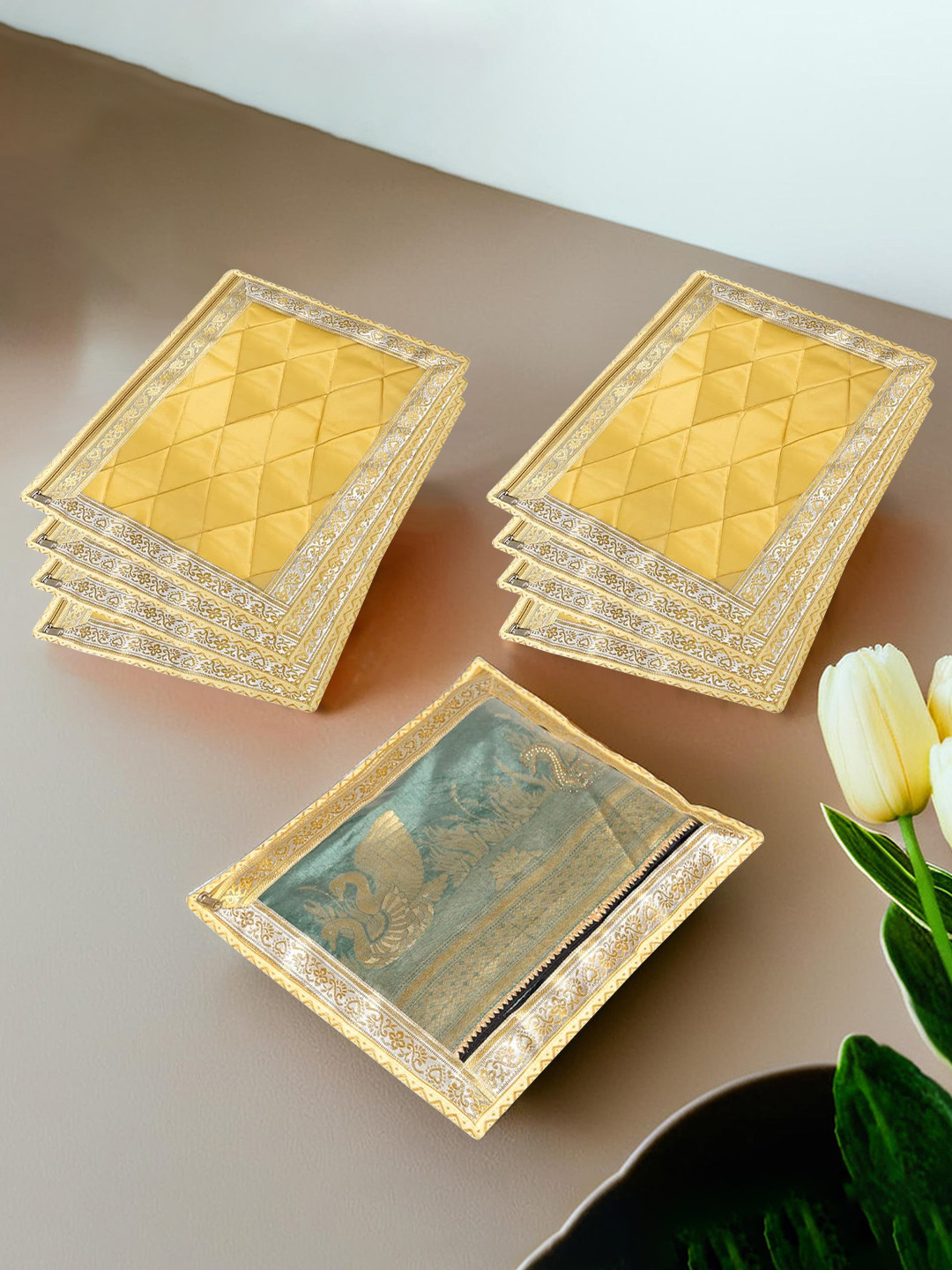 Kuber Industries Gold Toned 9 Pieces Self Design Fabric Cloth Organisers