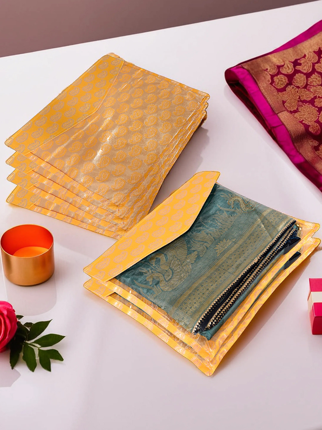 Kuber Industries Yellow & Transparent 6 Pieces Saree Cover Organisers