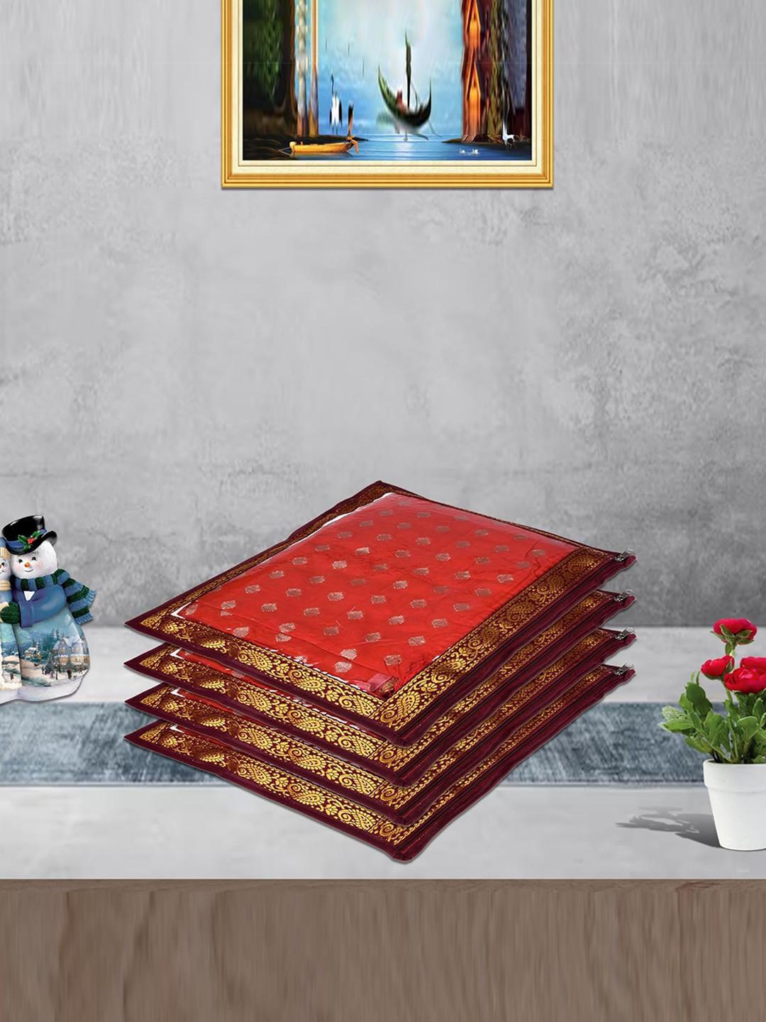 Kuber Industries Maroon 12 Pieces Side Lace Design Saree Utility Organisers