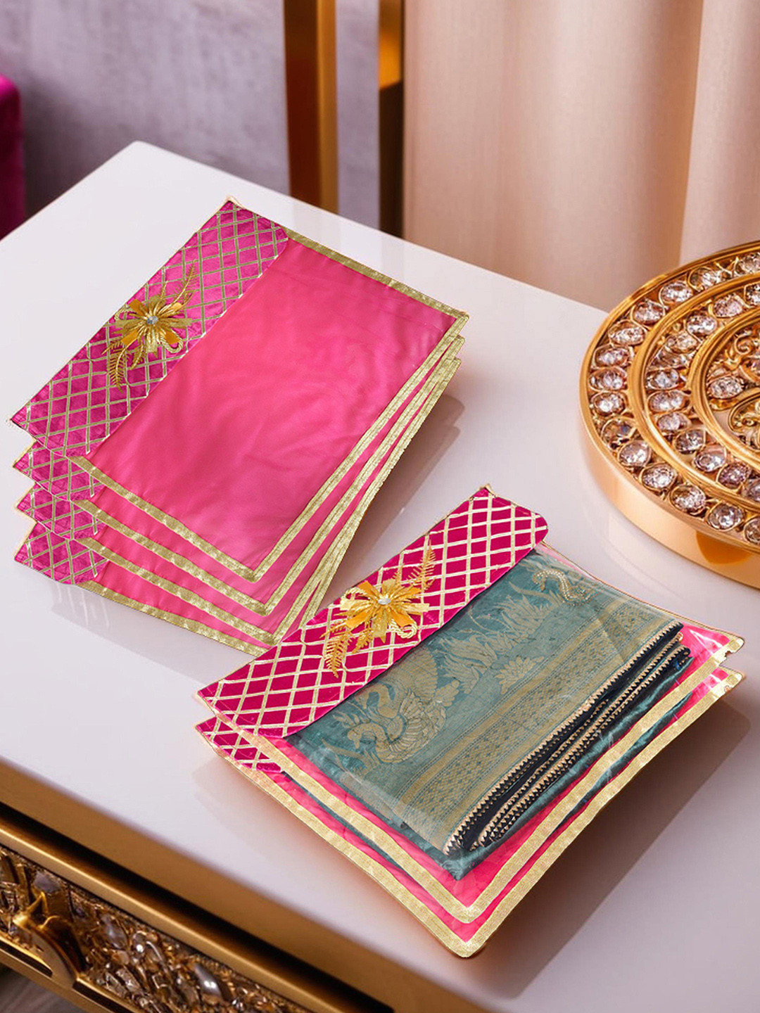 Kuber Industries Pink & Gold Toned 6 Pieces Self Design Fabric Cloth Organisers