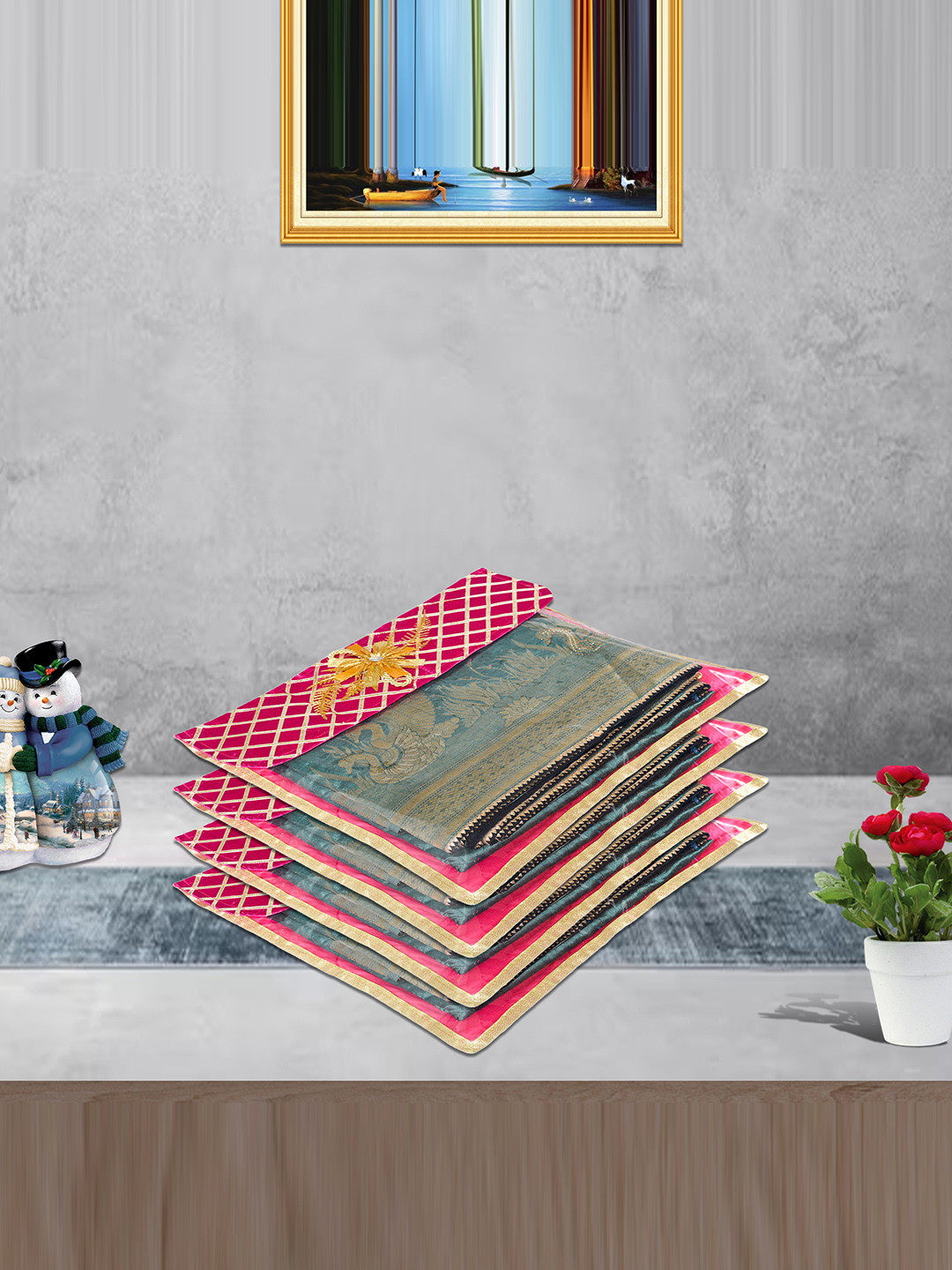 Kuber Industries Pink & Gold Toned 3 Pieces Self Design Fabric Cloth Organisers