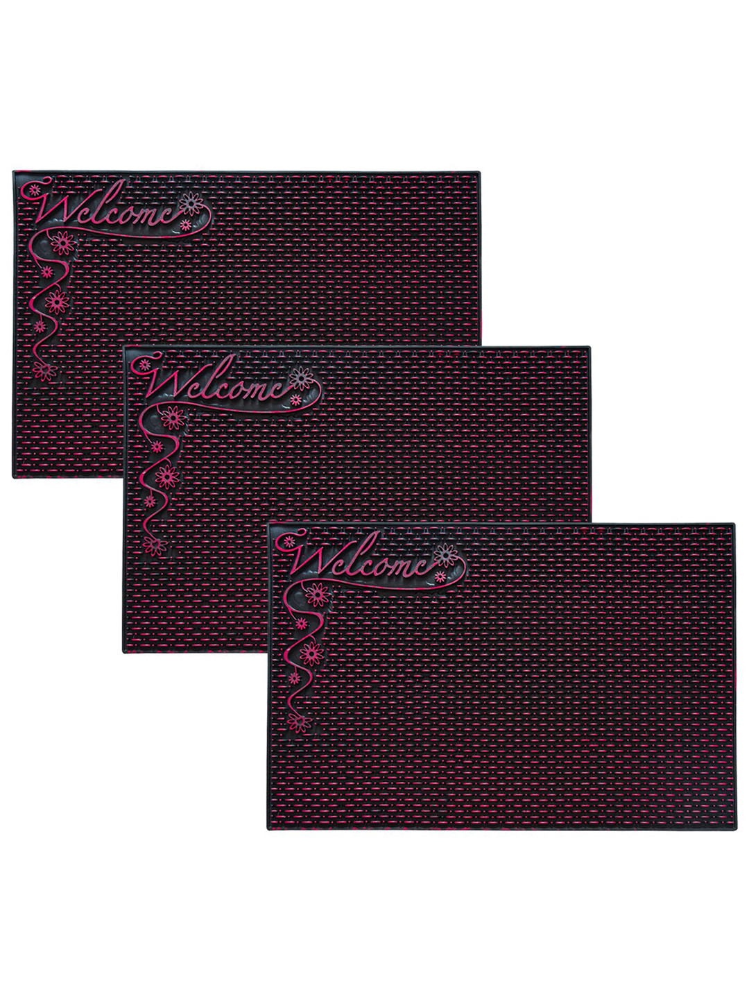 Kuber Industries Set of 3 Black Textured Rubber Door Mats