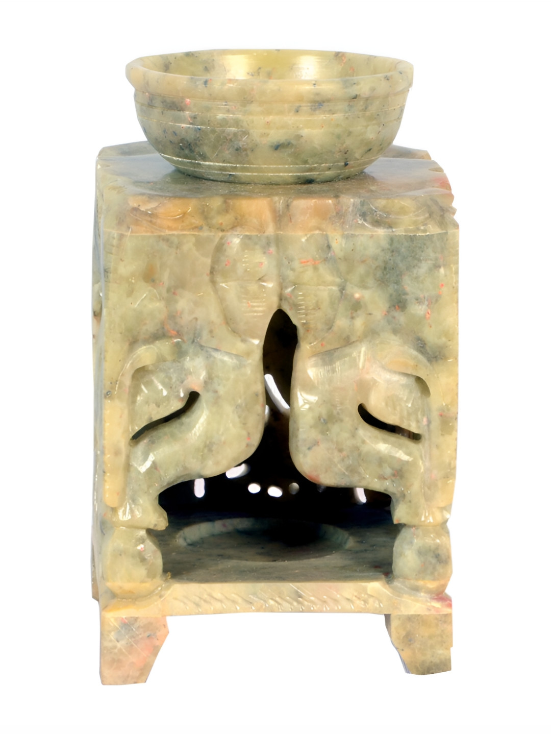 Avinash Handicrafts Beige Textured Stone Carved Aroma Diffuser With 4 elephant faces