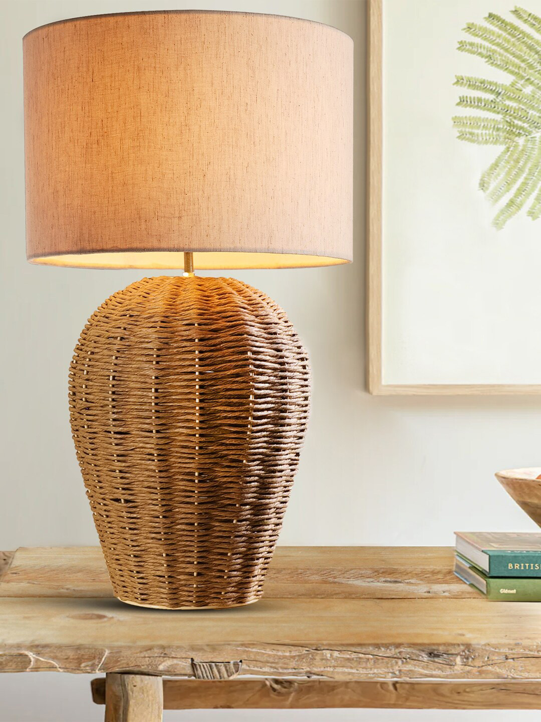 Decazone Rattan White & Beige Cylinder Shaped Contemporary Table Lamp