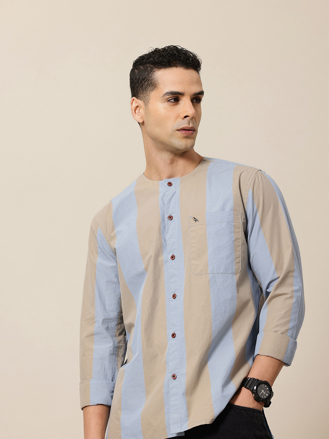 Mr Bowerbird Pure Cotton Collarless Striped Liberal Fit Casual Shirt