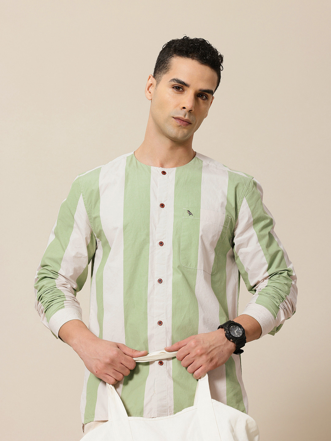 Mr Bowerbird Pure Cotton Collarless Striped Liberal Fit Casual Shirt