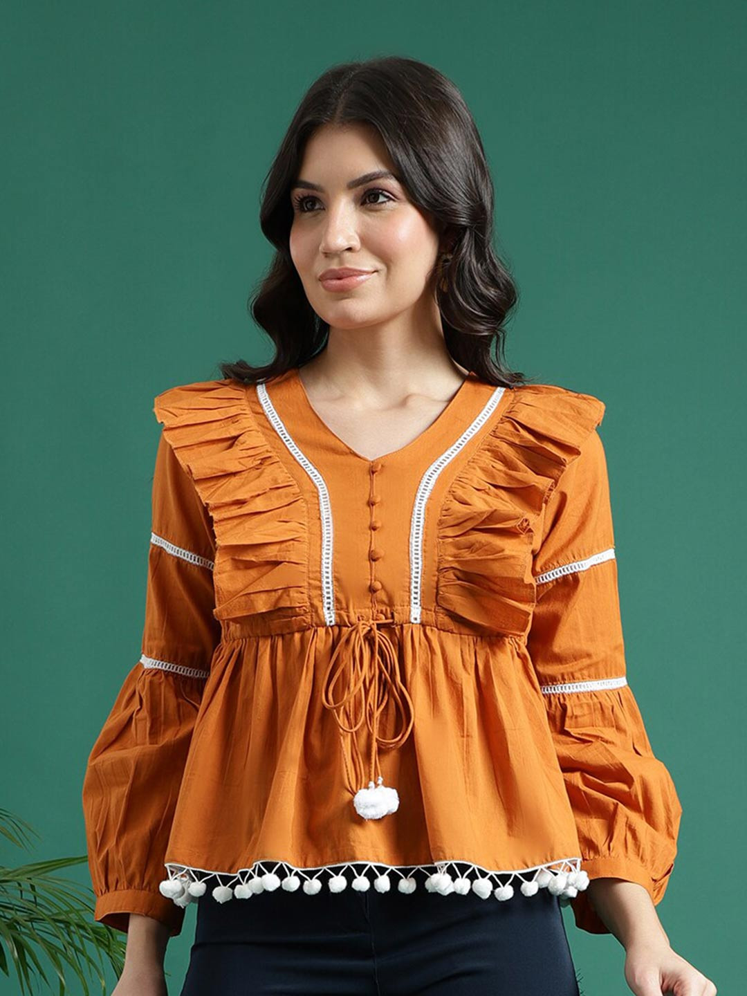 Ramas Puff Sleeve Ruffles Cotton Cinched Waist Top