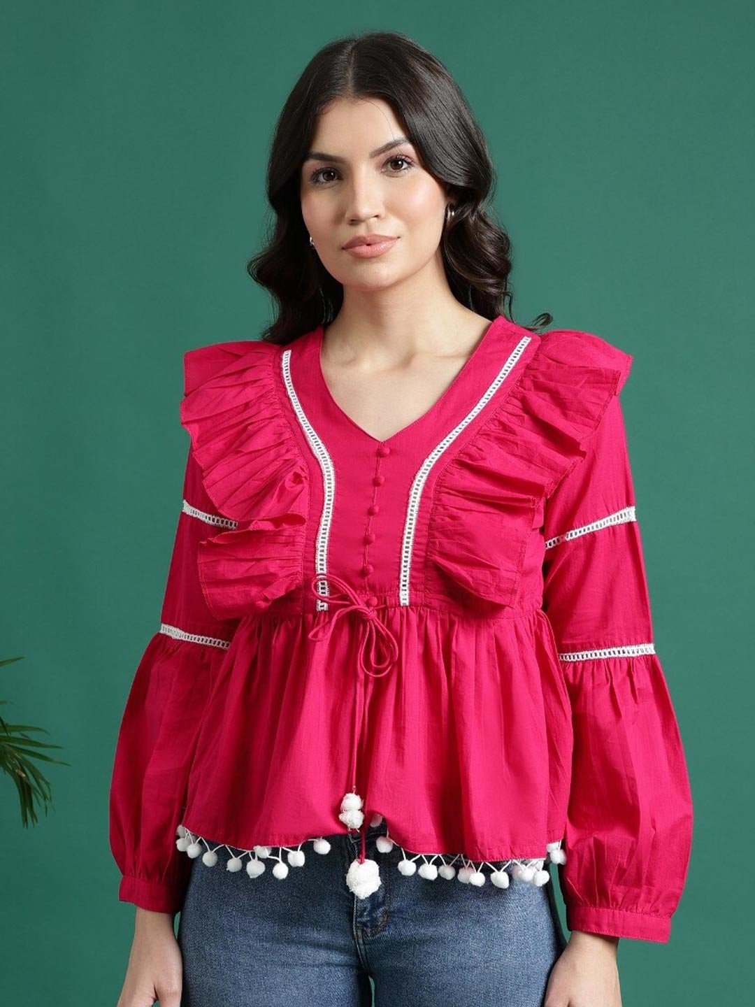 Ramas Puff Sleeve Ruffles Cotton Cinched Waist Top