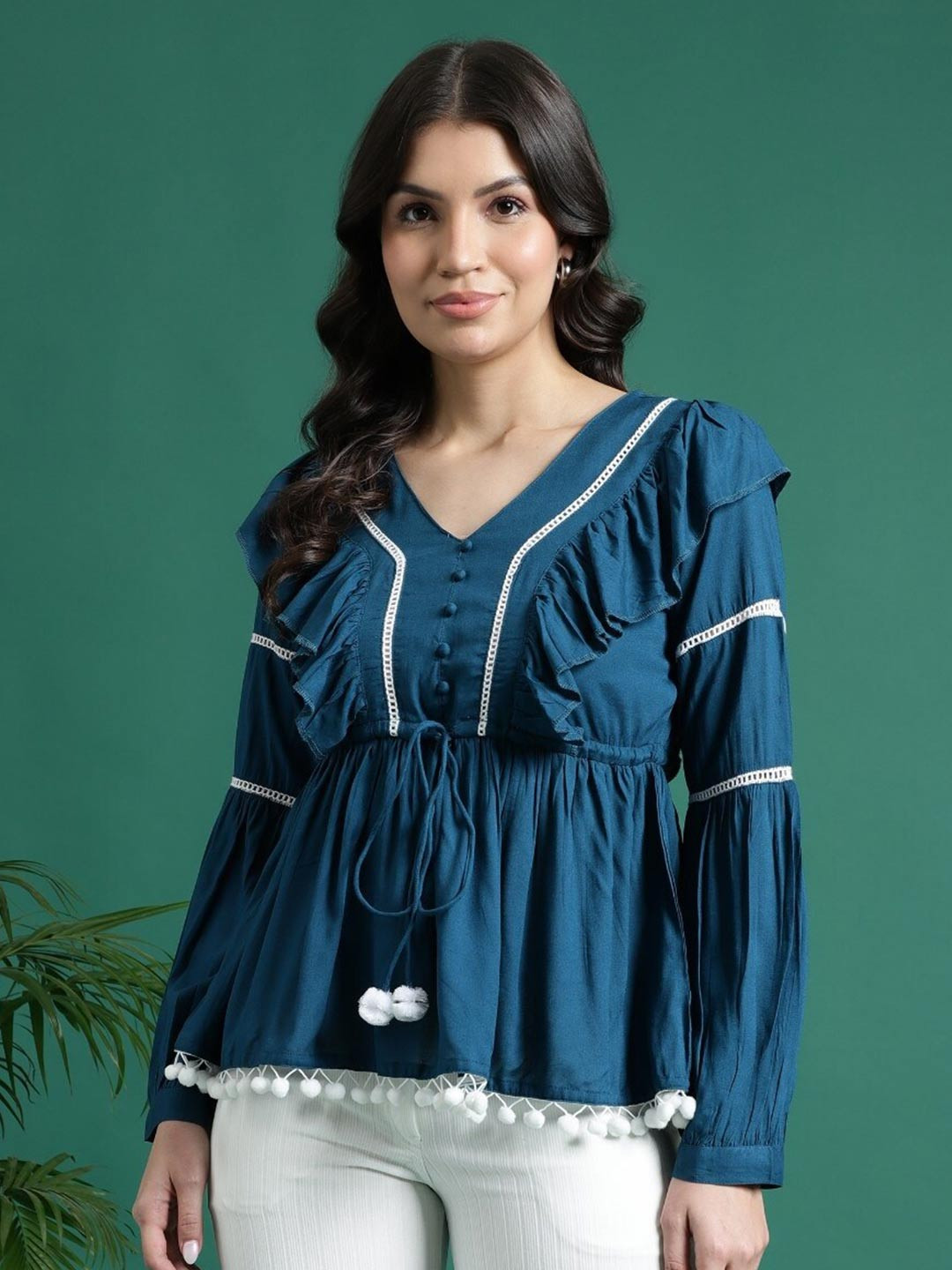 Sangria V-Neck Gathered Cotton Peplum Tops