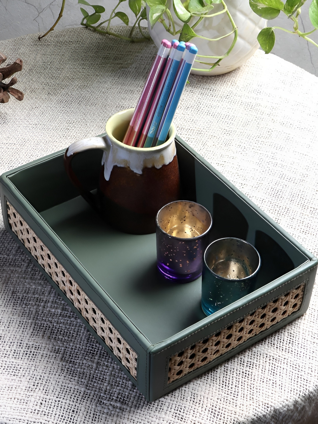 akway Rattan Beige & Green Rectangle Cane Serving Tray