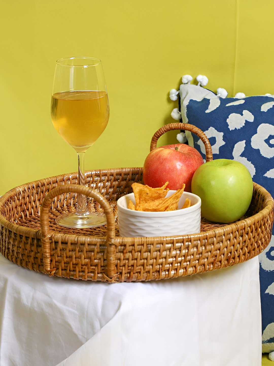 akway Wicker Beige & Brown Textured Round Wooden Serving Tray