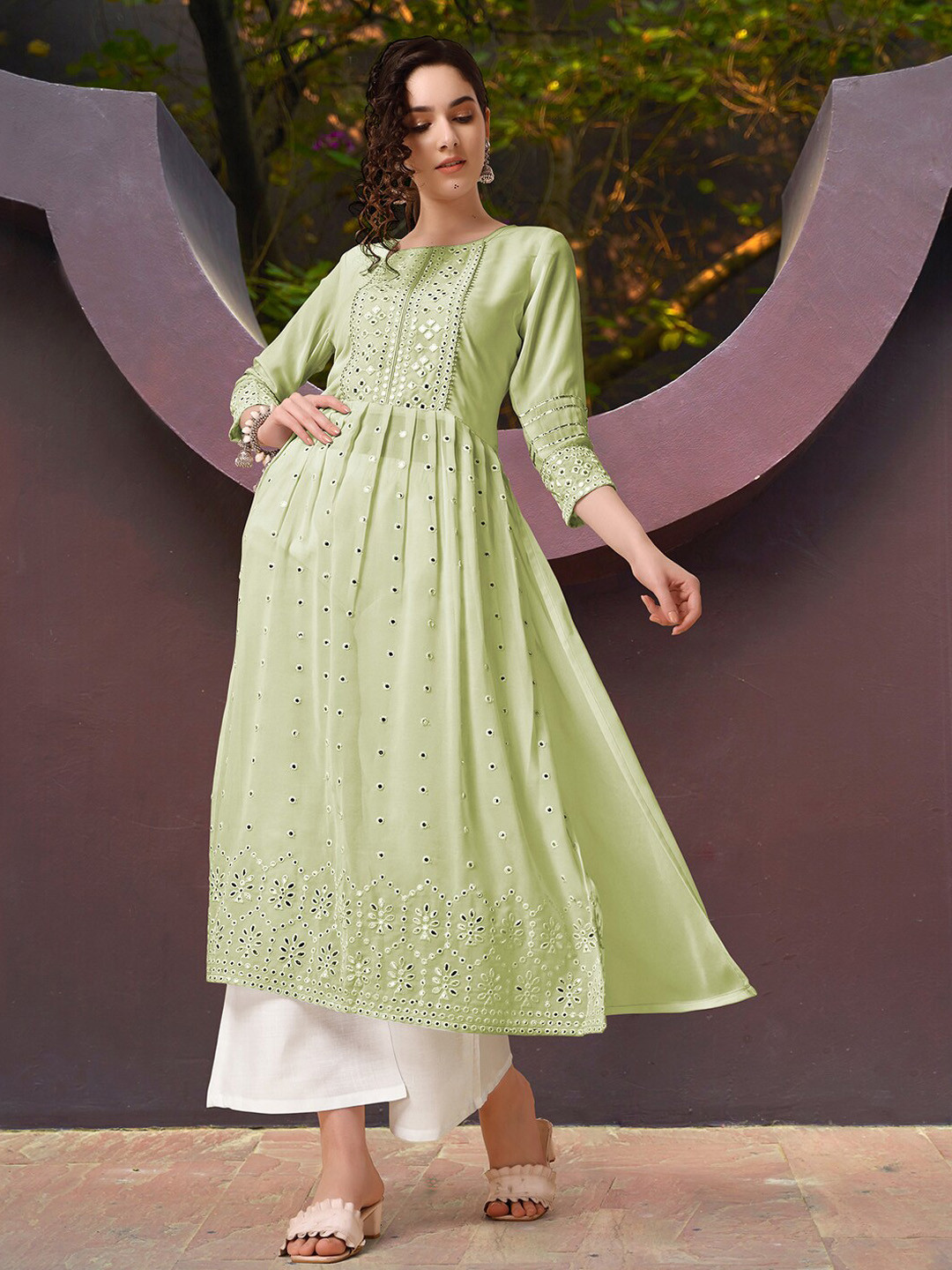 Sangria Mirror Work Embroidered Naira Cut Kurta With Palazzos & Dupatta