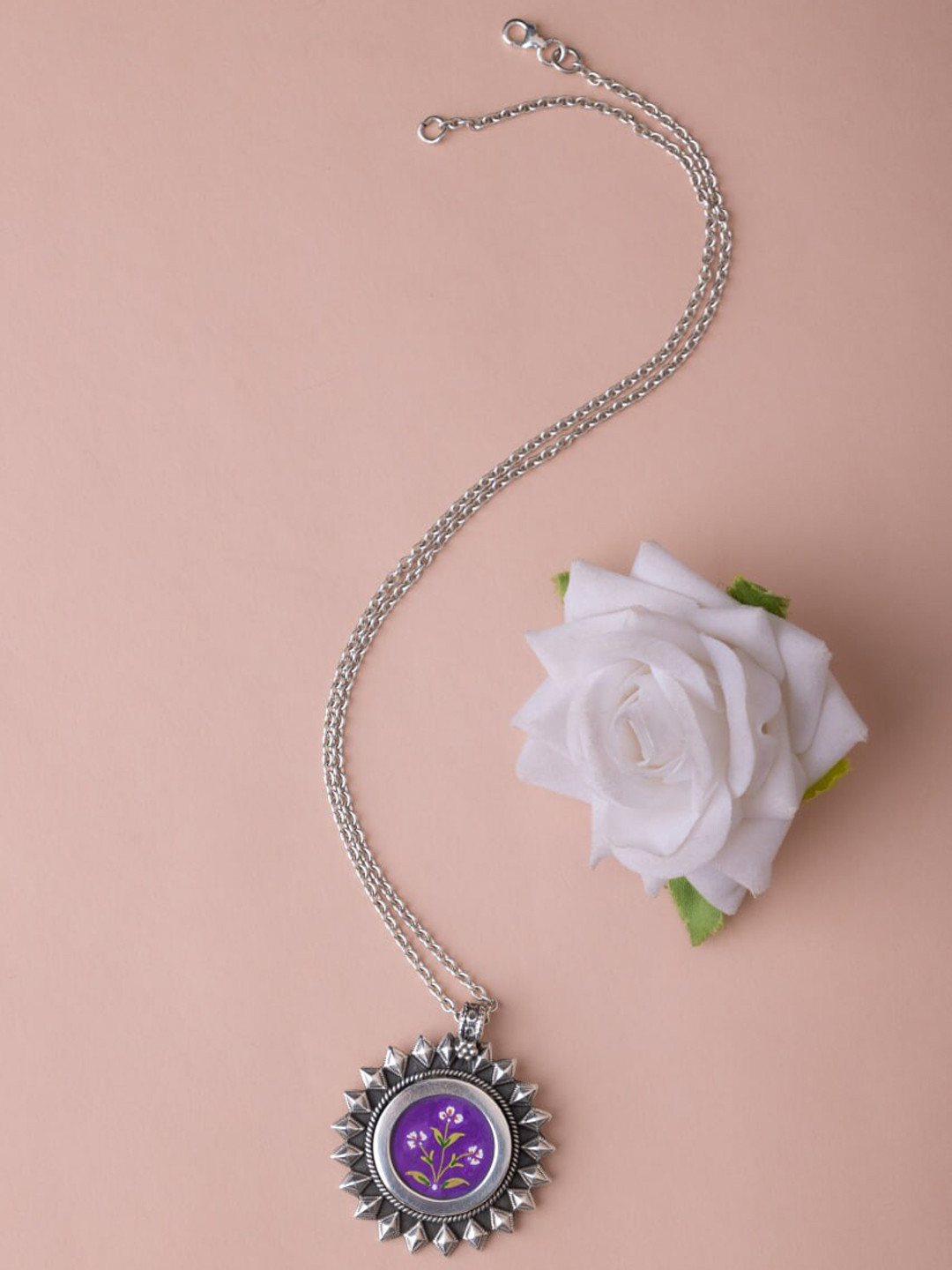 Shyle 925 Sterling Silver Floral Painted Pendant with Chain