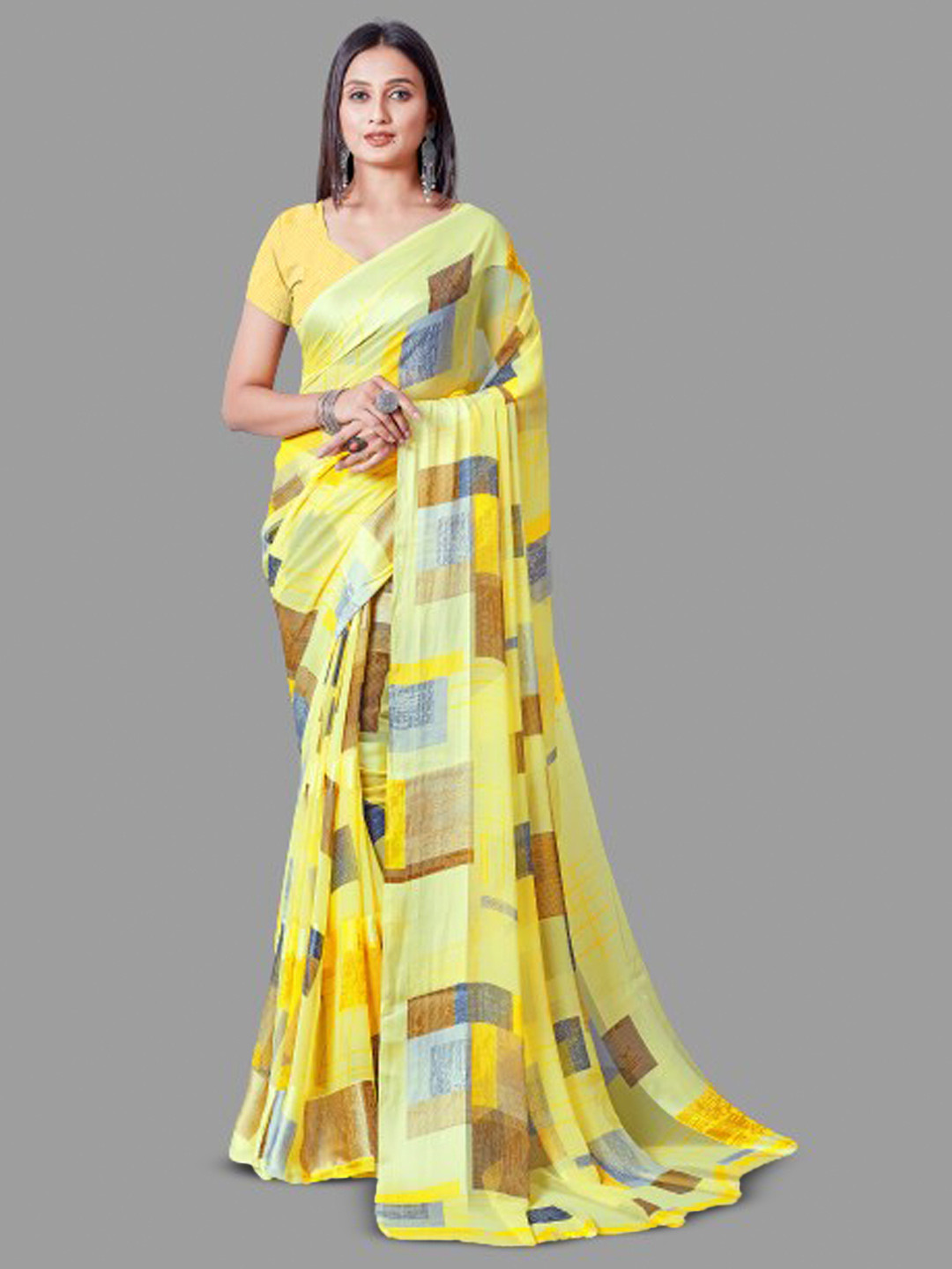 Sitanjali Checked Printed Satin Block Print Saree
