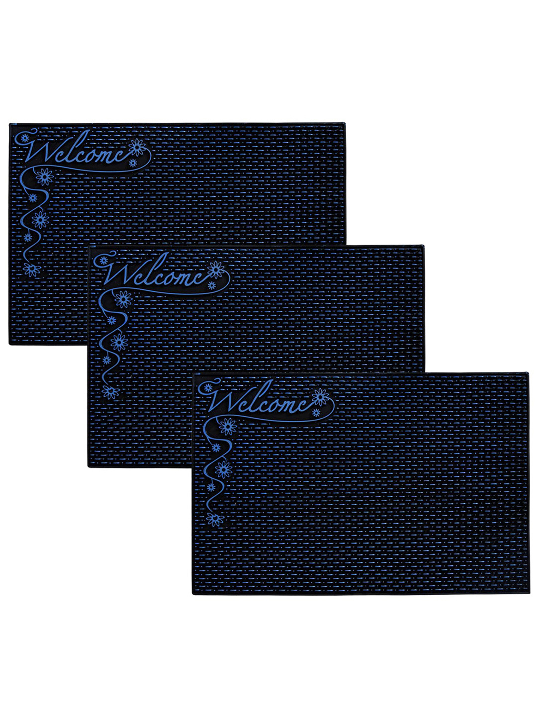 Kuber Industries Set of 3 Blue Black Self-Designed Stain Resistant Doormats