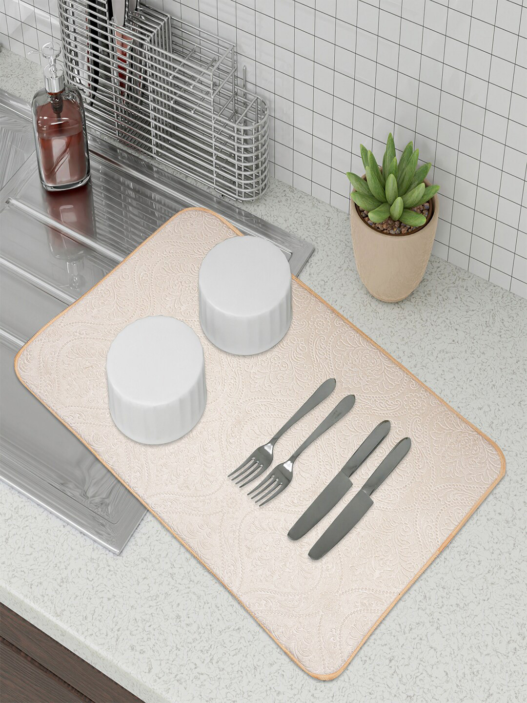 Kuber Industries 2 Pcs Cream Embossed Dish Dry Mats