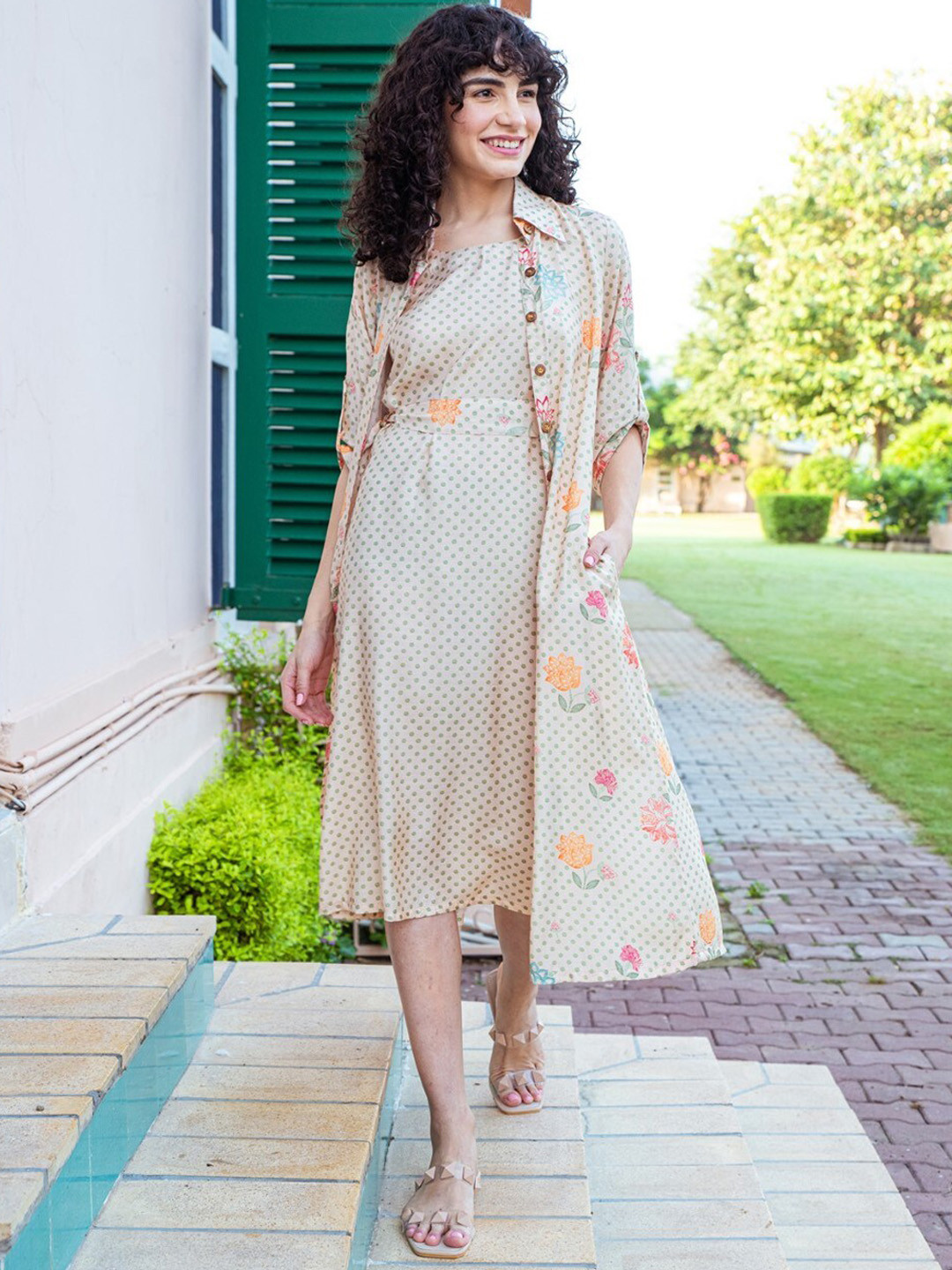 KARAJ JAIPUR Polka Dots Printed A-Line Dress With Shrug