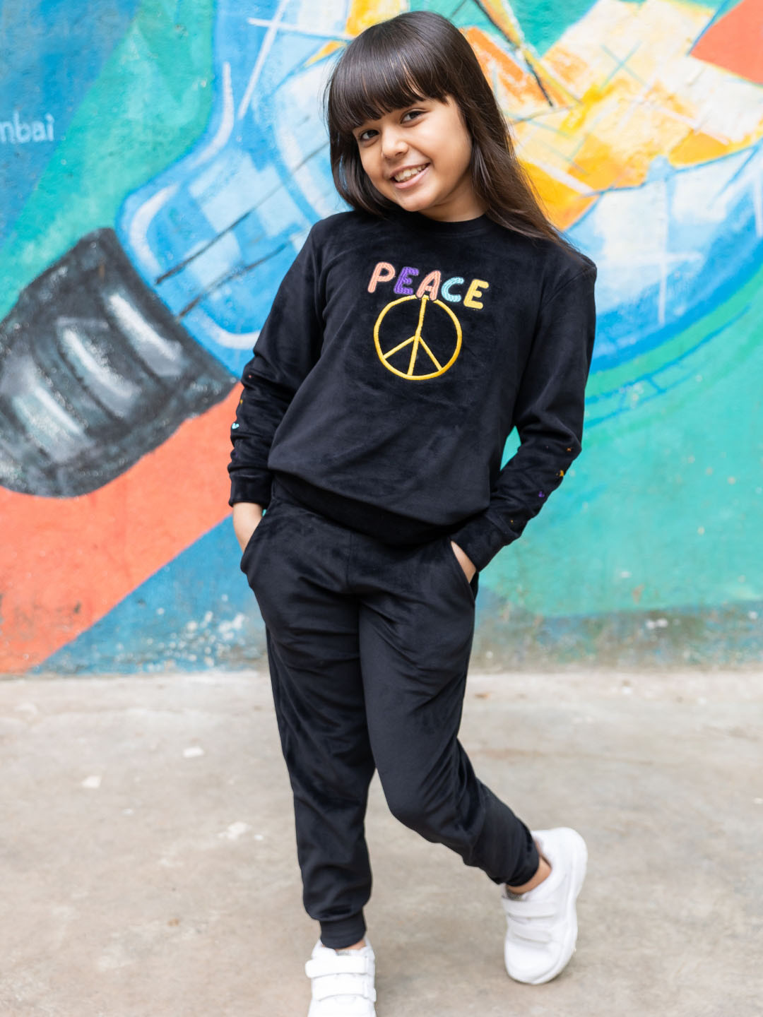 Nap Chief Kids Peace Embroidered Velvet T-shirt with Pyjamas