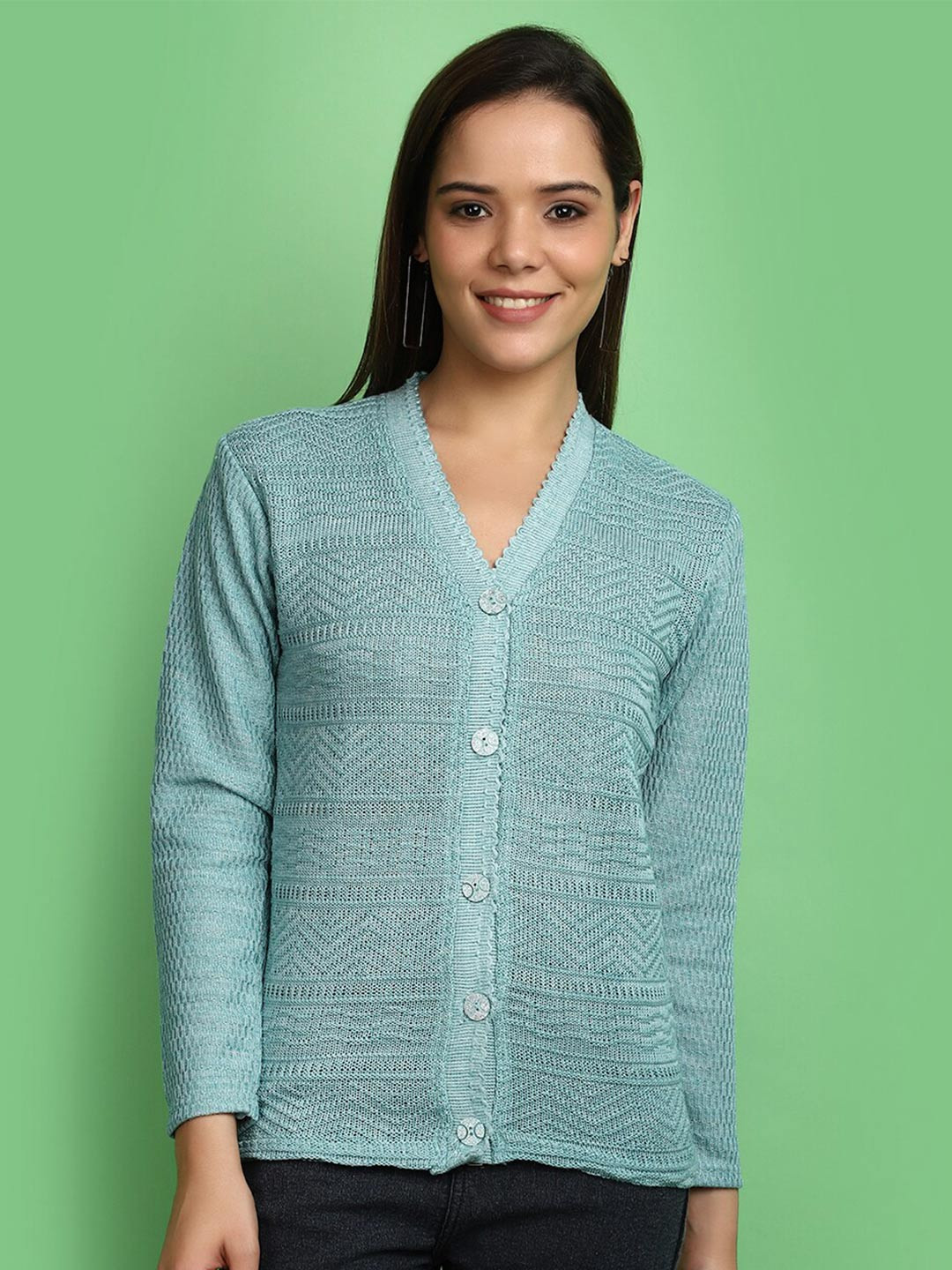 V-Mart Self Design V-Neck Front Open Sweatshirt