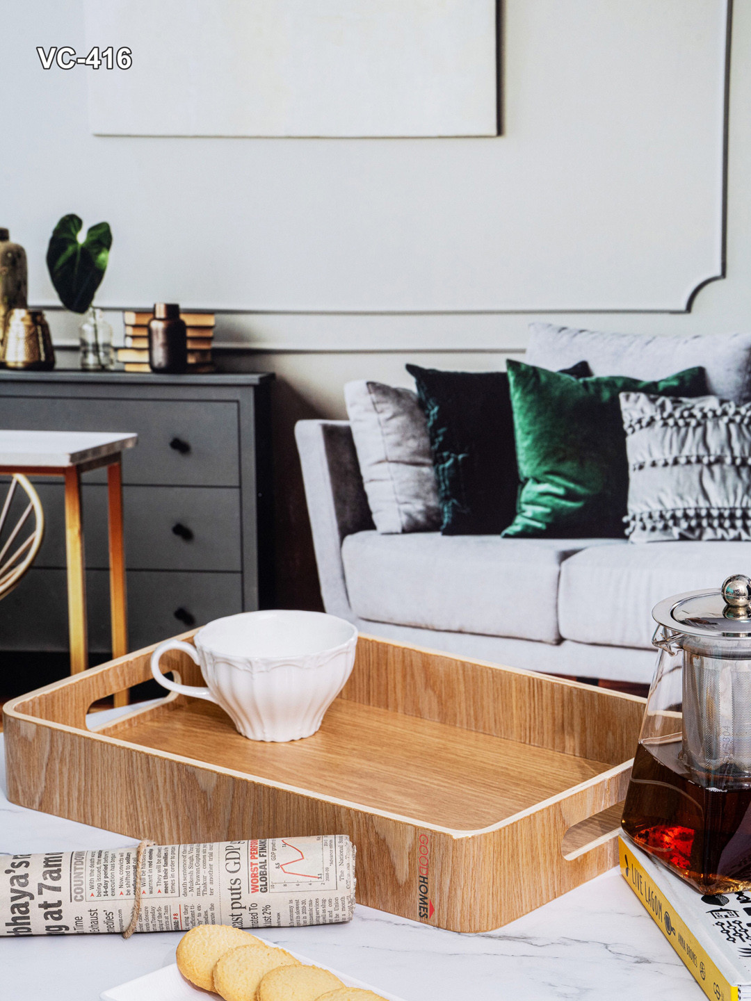 GOODHOMES Beige Wooden Rectangle Tray With Handles