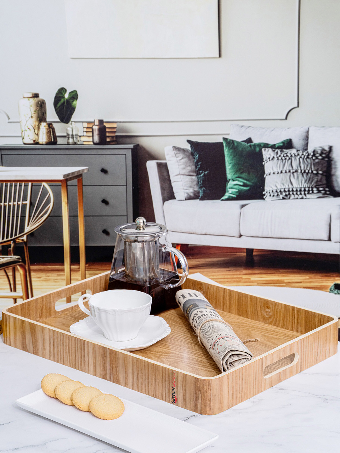 GOODHOMES Brown Wooden Rectangle Serving Tray