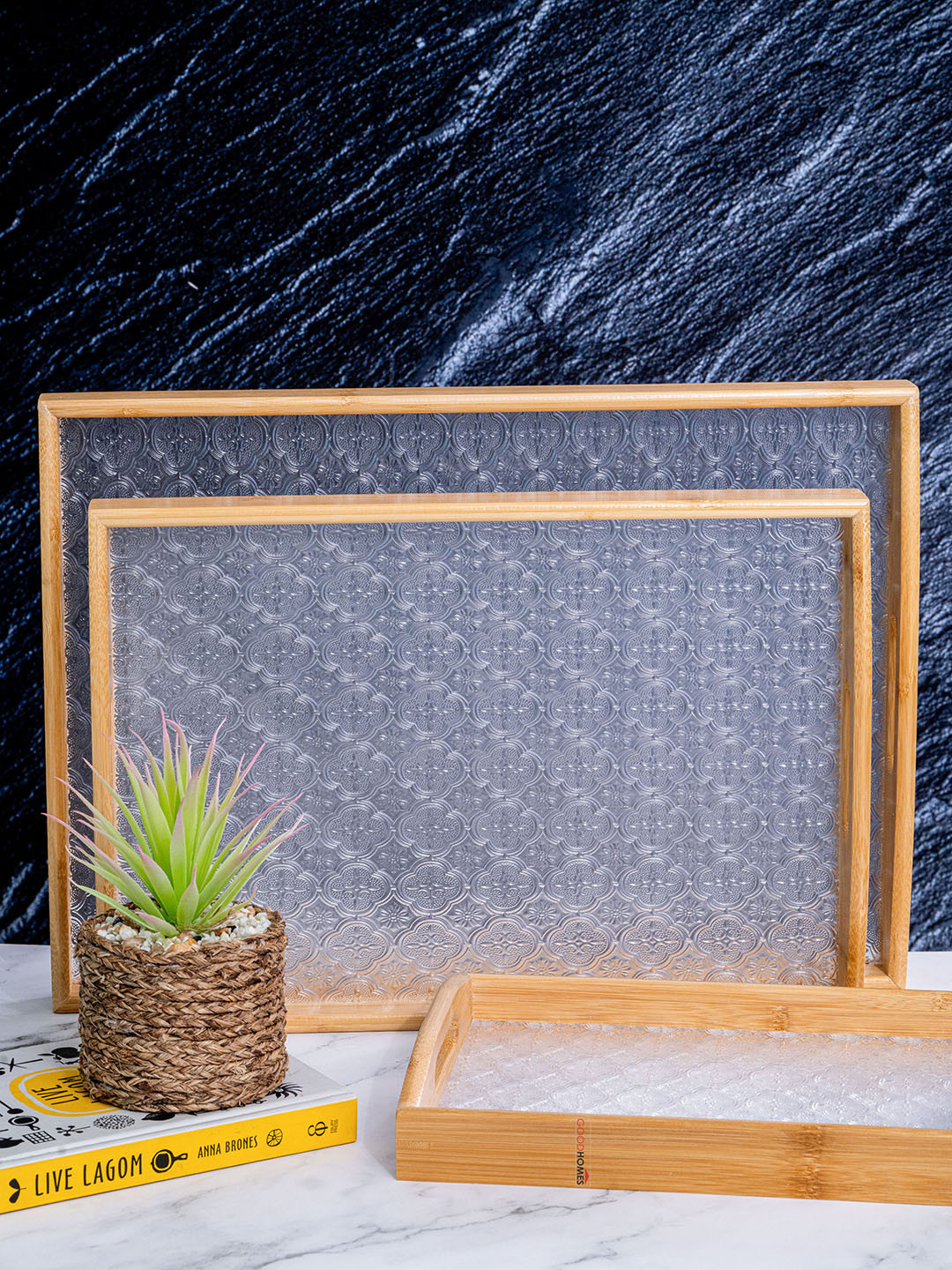 GOODHOMES Beige &  Transparent 3 Pieces Wooden Rectangle Tray Set