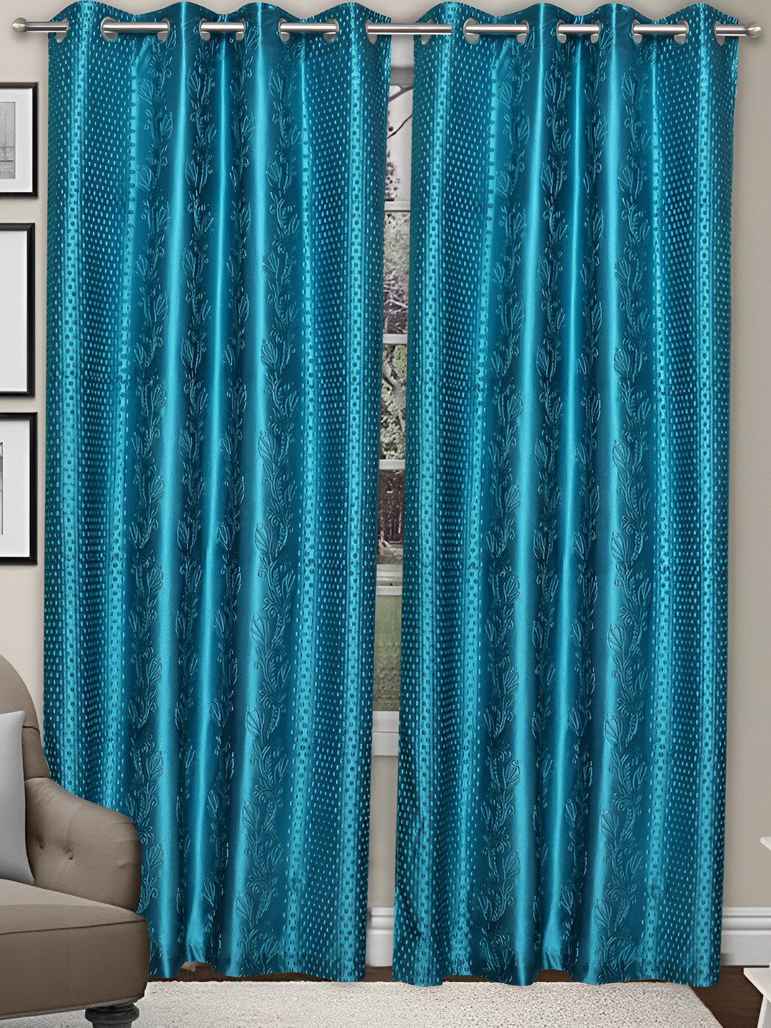 REYANSH DECOR Punching Teal 2 Pieces Self Design Door Curtains