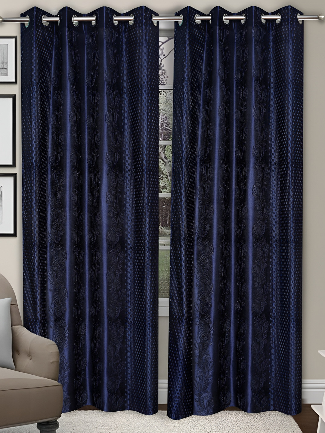 REYANSH DECOR Blue 2 Pieces  Eyelet Self Design Window Curtains