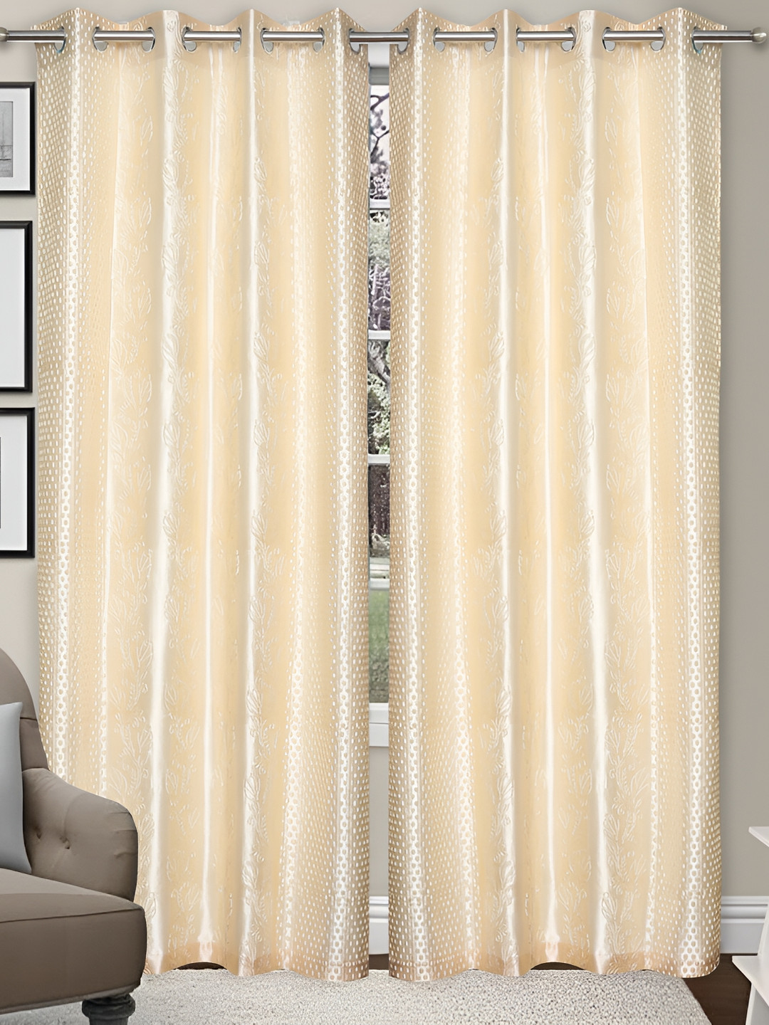 REYANSH DECOR Punching Cream Coloured 2 Pieces Self Design Door Curtains