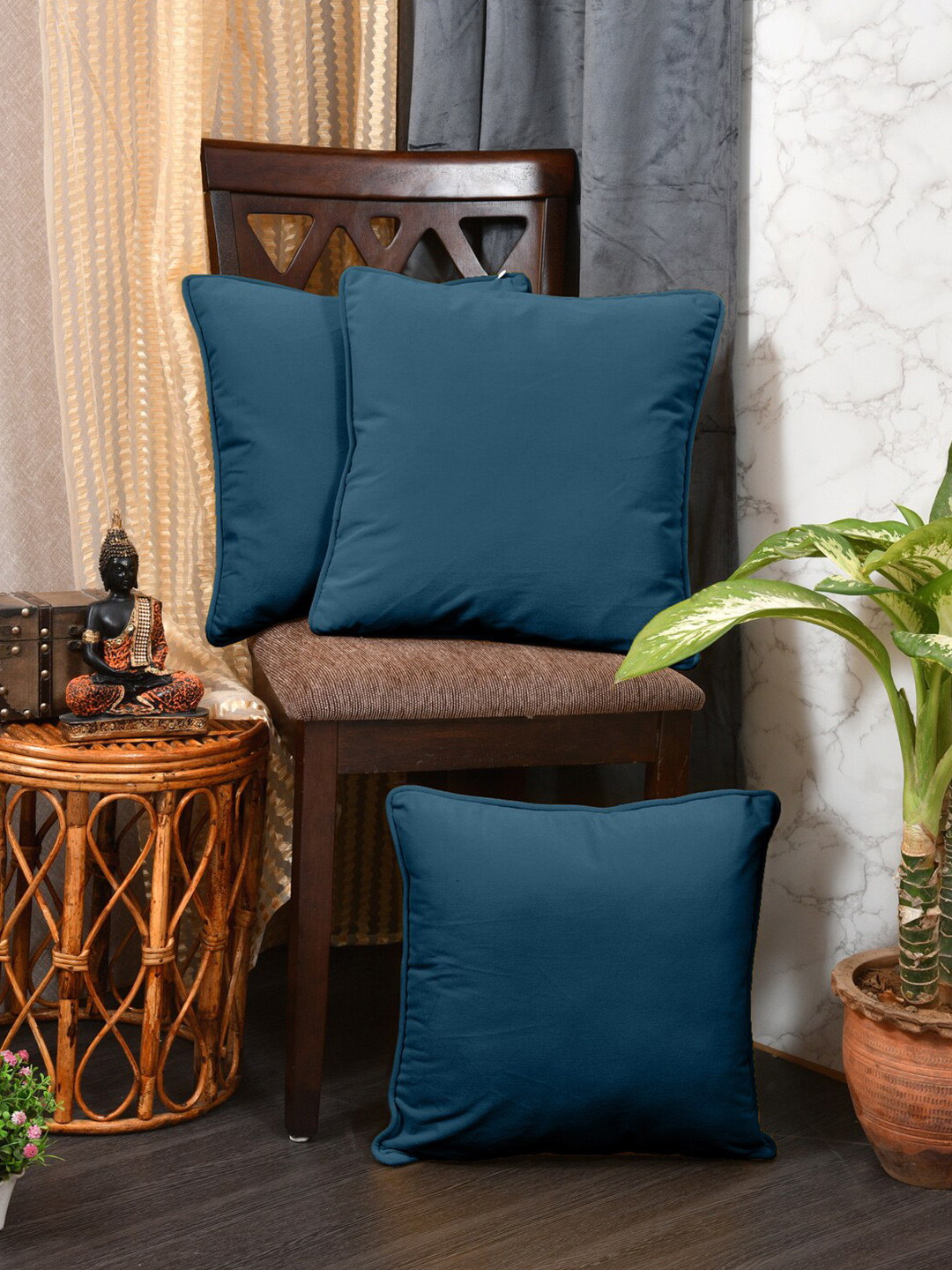 Clasiko Blue Velvet Washable 3 Piece Square Cushion Covers - 12 x 12 Inches