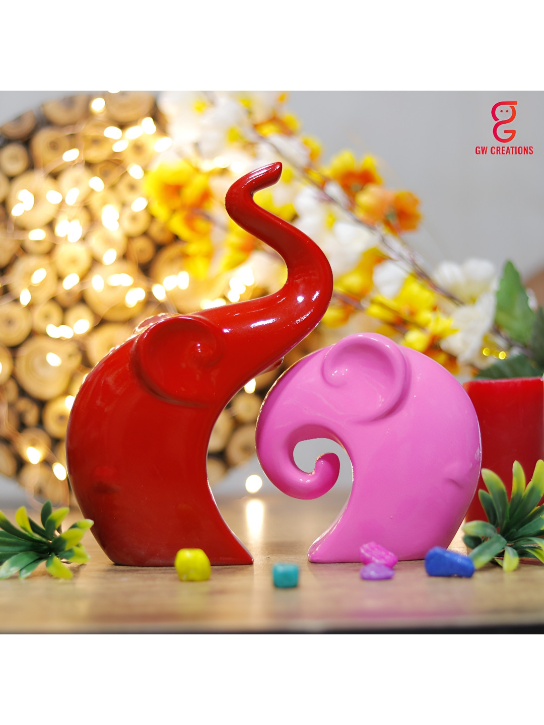 GW CREATIONS Luxurious Elephant Family Red Polyresin Glossy Living Room Set of 2 Medium Showpieces - 3.5 Inches