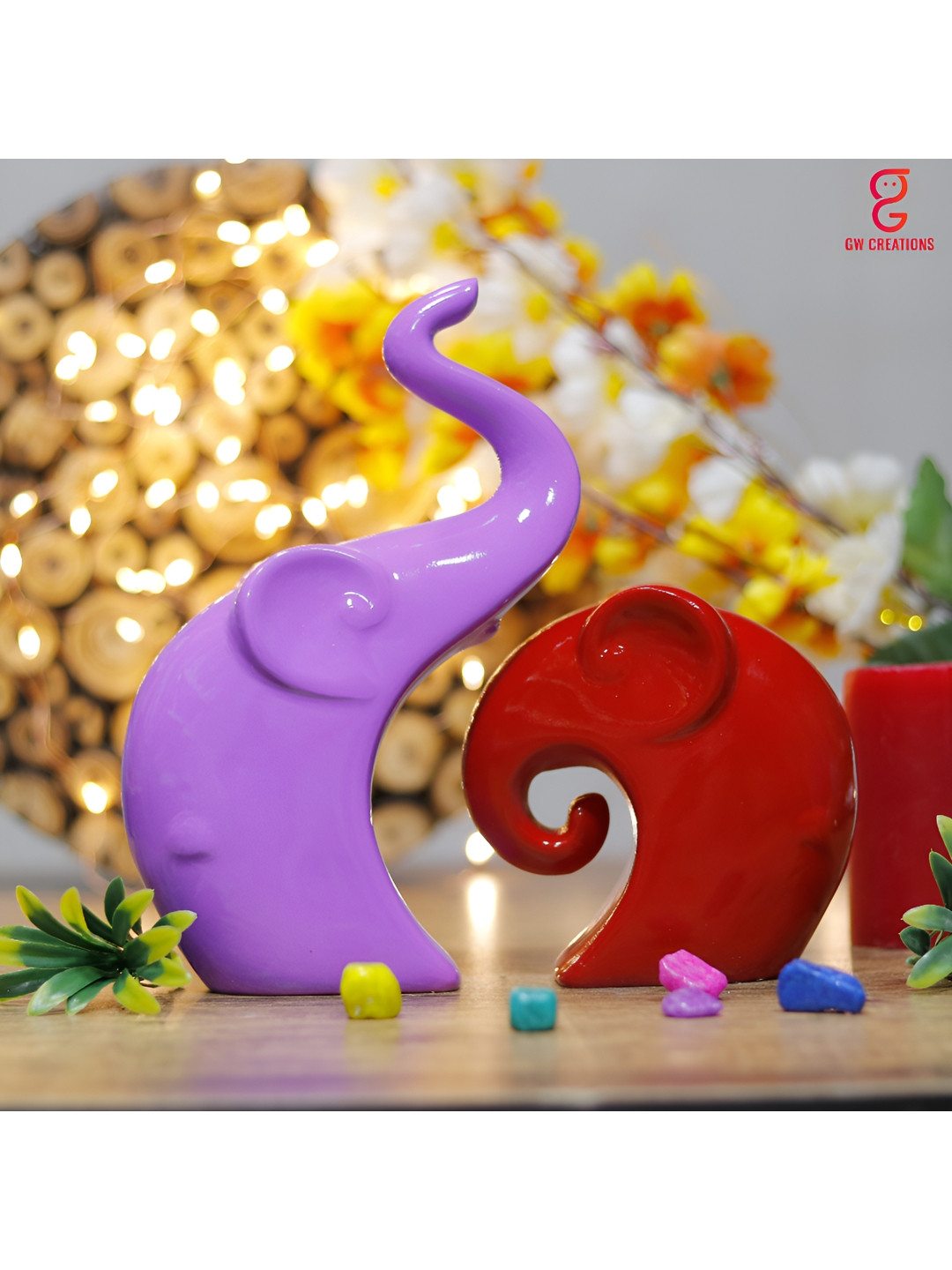 GW CREATIONS Elephant Family Fengshui Vastu Purple Polyresin Matte Home Office Set of 2 Medium Showpieces - 3.5 Inches