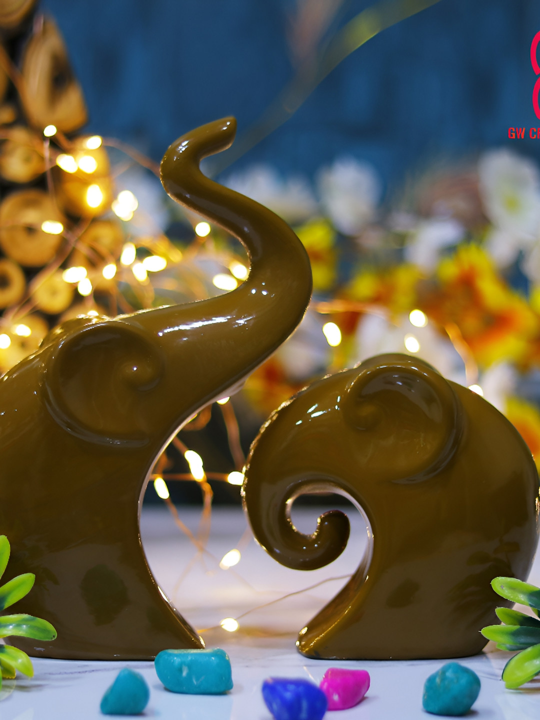 GW CREATIONS Elephant Family Fengshui Vastu Brown Polyresin Glossy Home Office Set of 2 Medium Showpieces - 3.5 Inches