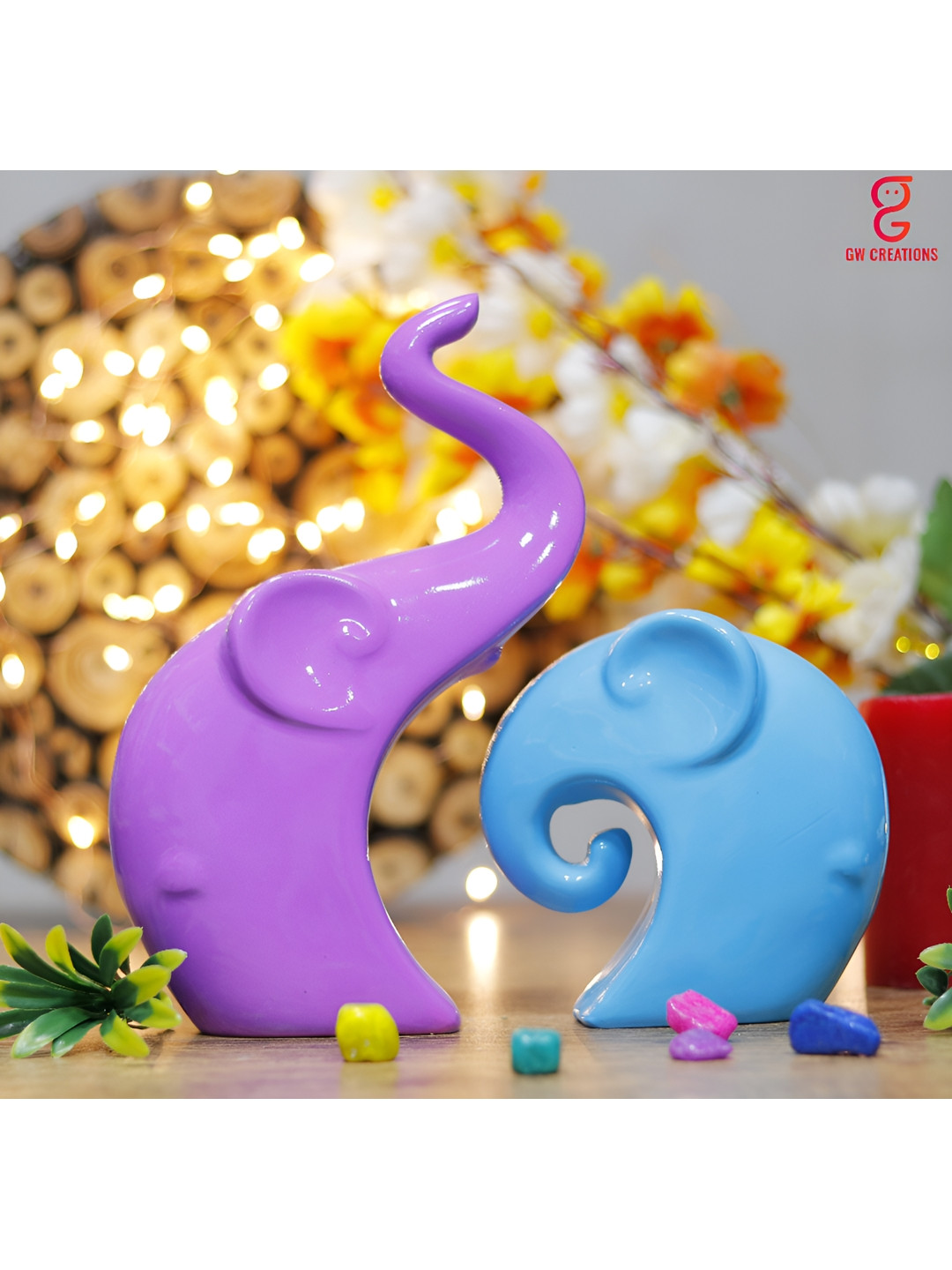 GW CREATIONS Elephant Family Purple Polyresin Natural Living Room Set of 2 Medium Showpieces - 9.1 Inches