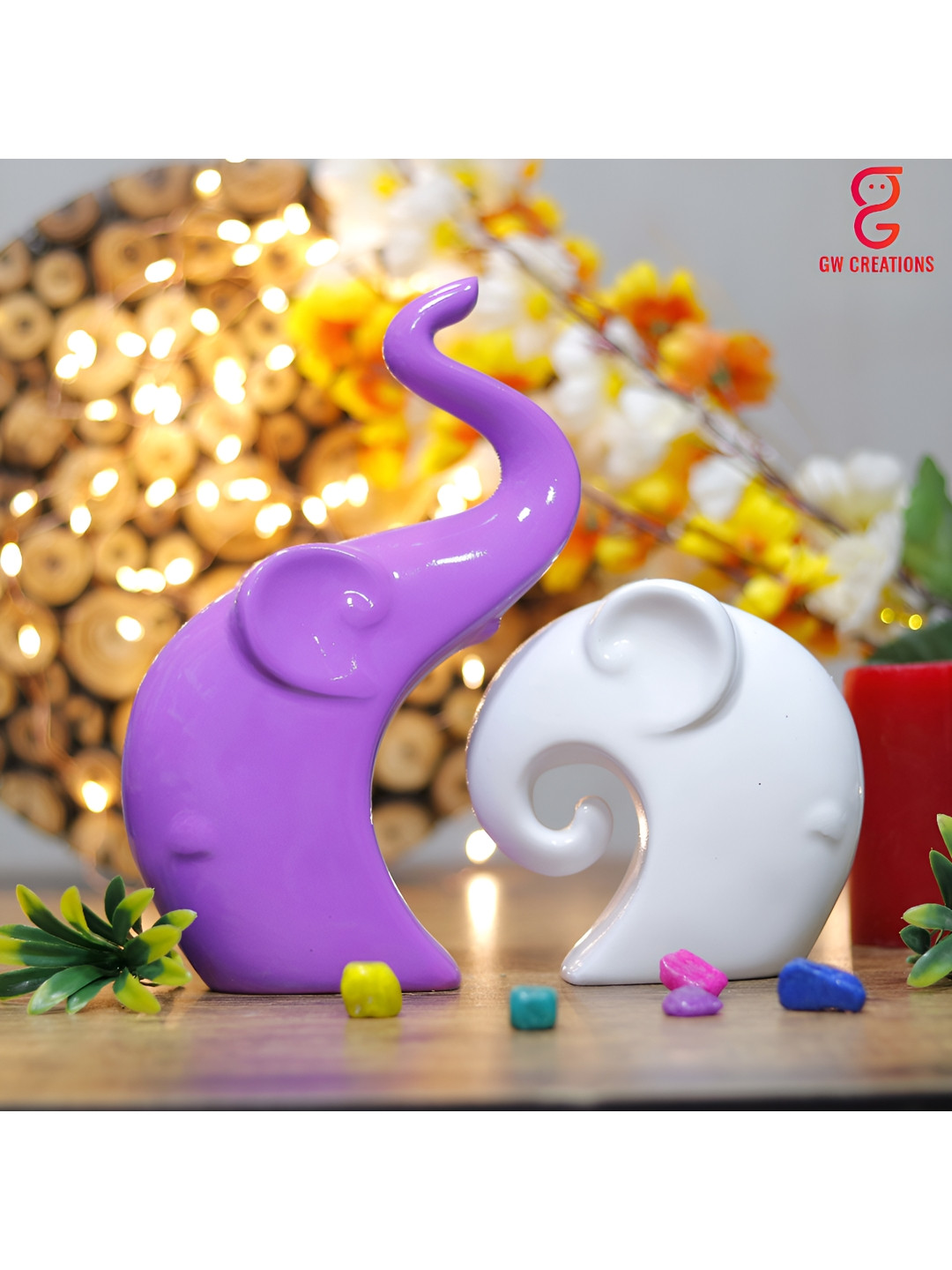 GW CREATIONS Elephant Family Purple Polyresin Glossy Living Room Set of 2 Medium Showpieces - 9.1 Inches