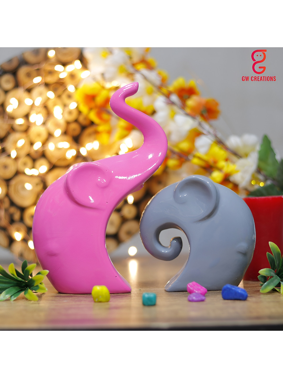 GW CREATIONS Elephant Family Pink Polyresin Glossy Living Room Set of 2 Medium Showpieces - 1.2 Inches