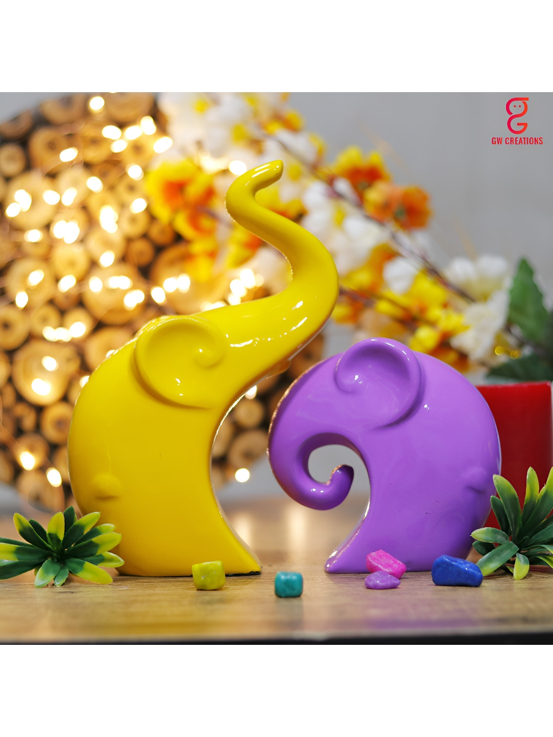 GW CREATIONS Elephant Family Fengshui Vastu Yellow Polyresin Glossy Home Office Set of 2 Medium Showpieces - 3.5 Inches