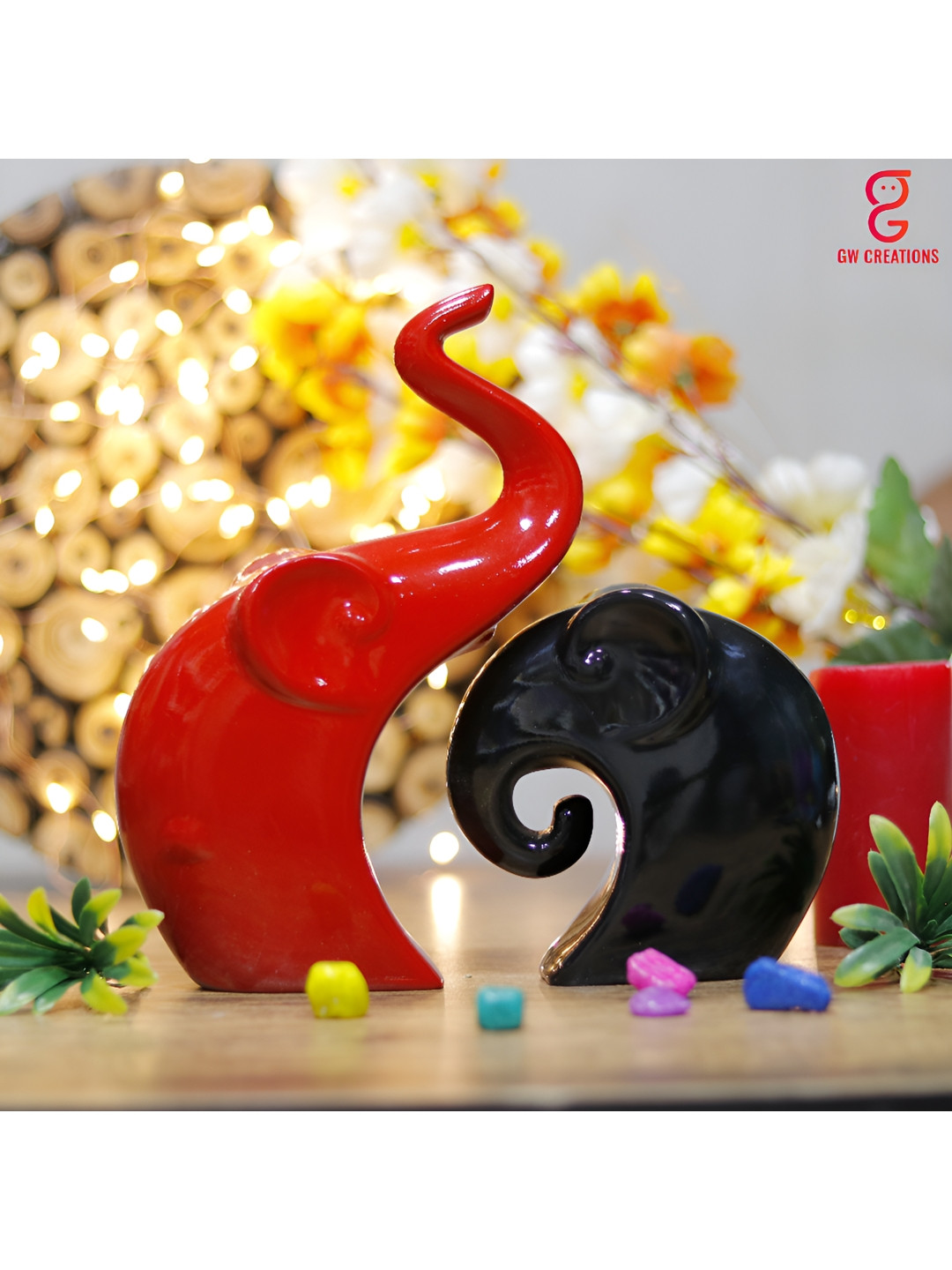 GW CREATIONS Luxurious Elephant Family Red Polyresin Glossy Living Room Set of 2 Medium Showpieces - 3.5 Inches