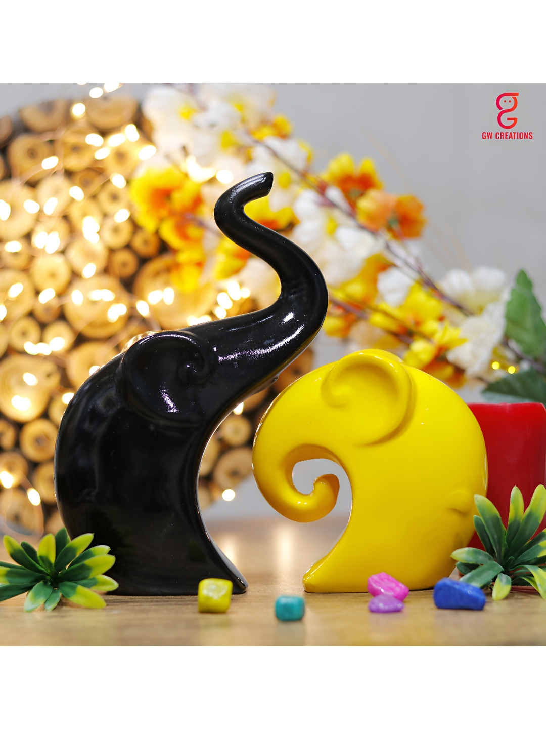 GW CREATIONS Luxurious Elephant Family Black Polyresin Glossy Living Room Set of 2 Medium Showpieces - 9.1 Inches