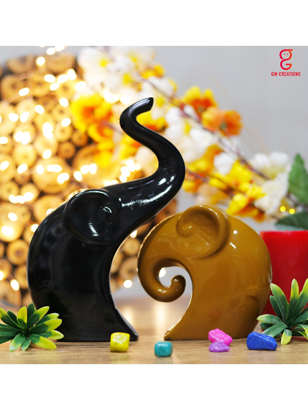 GW CREATIONS Luxurious Elephant Family Black Polyresin Glossy Living Room Set of 2 Medium Showpieces - 1.2 Inches