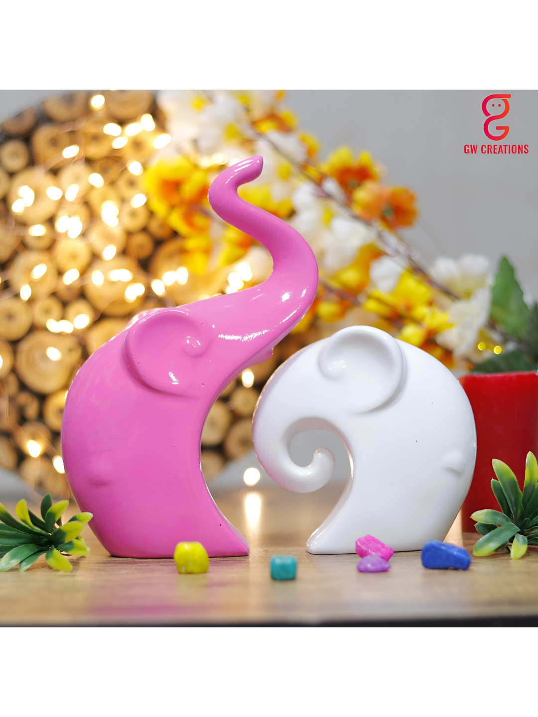 GW CREATIONS Elephant Family Fengshui Vastu Pink Polyresin Matte Living Room Set of 2 Medium Showpieces - 9.1 Inches