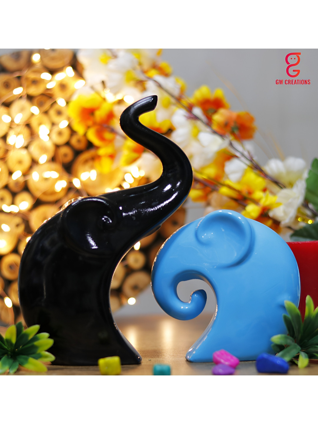 GW CREATIONS Elephant Family Fengshui Vastu Black Polyresin Glossy Living Room Set of 2 Medium Showpieces - 3.5 Inches