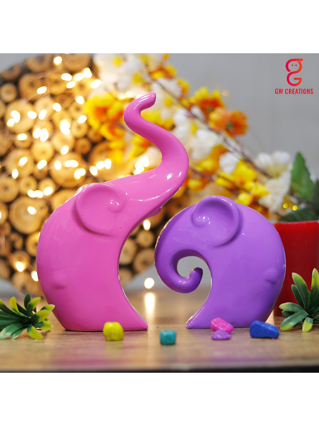 GW CREATIONS Elephant Family Fengshui Vastu Pink Polyresin Glossy Living Room Set of 2 Medium Showpieces - 1.2 Inches
