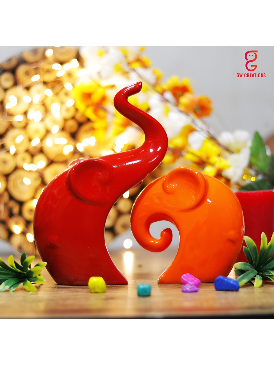 GW CREATIONS Luxurious Elephant Family Red Polyresin Matte Living Room Set of 2 Medium Showpieces - 1.2 Inches
