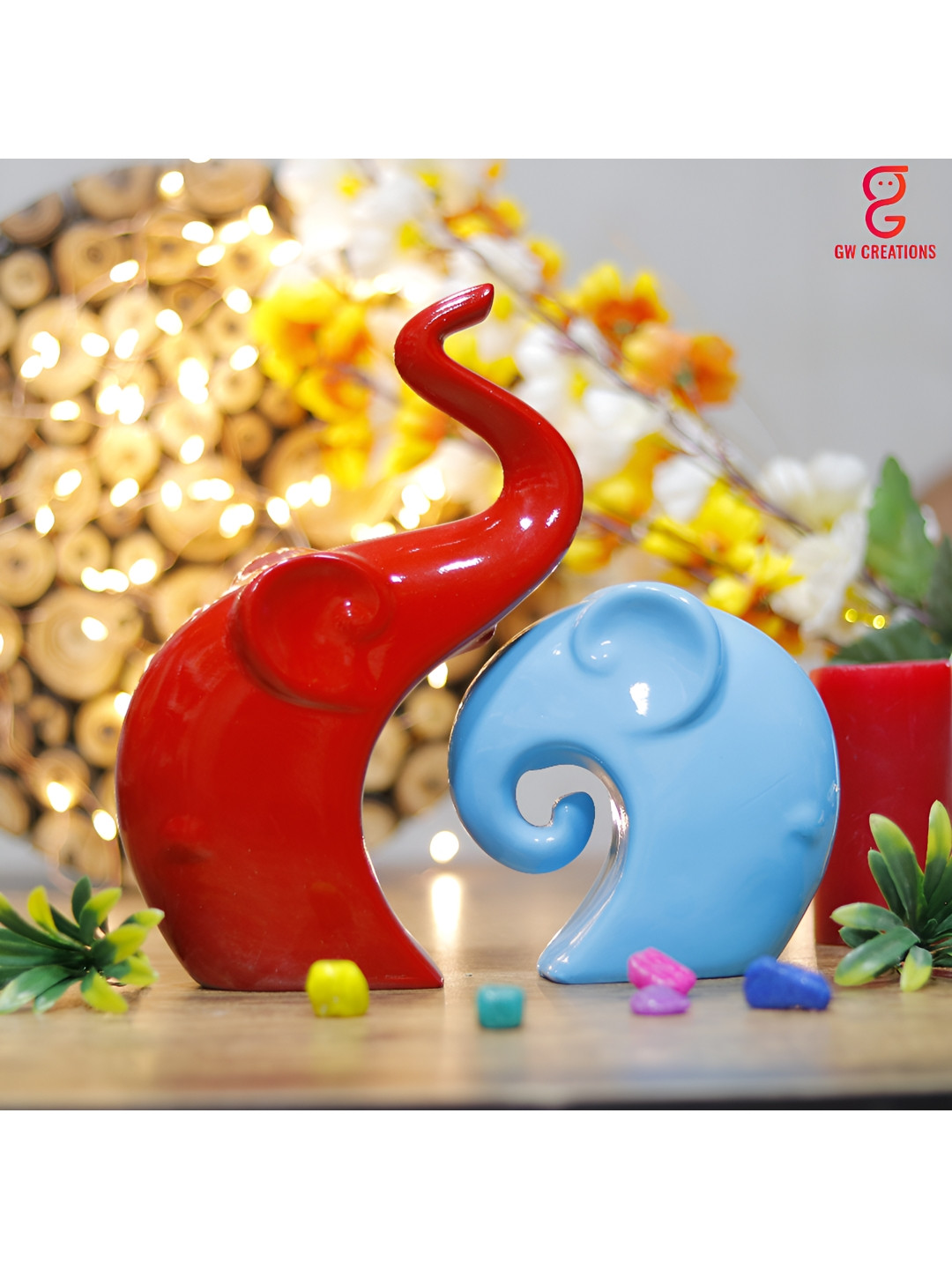 GW CREATIONS Elephant Family Fengshui Vastu Red Polyresin Glossy Home Office Set of 2 Medium Showpieces - 9.1 Inches