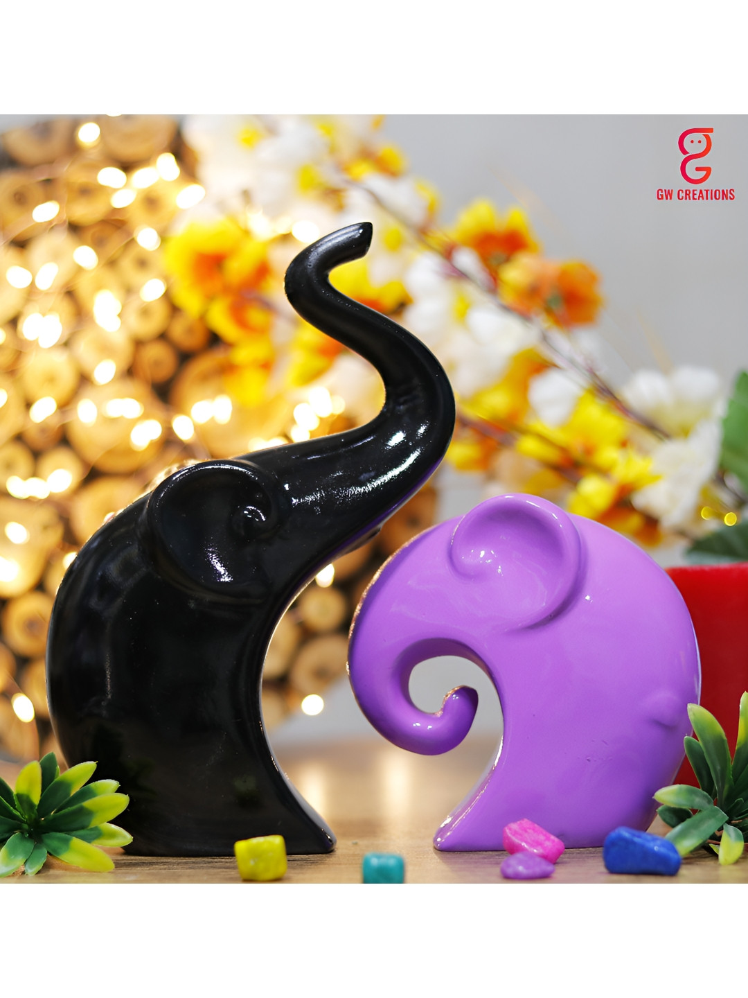 GW CREATIONS Elephant Family Fengshui Vastu Black Polyresin Glossy Living Room Set of 2 Medium Showpieces - 9.1 Inches