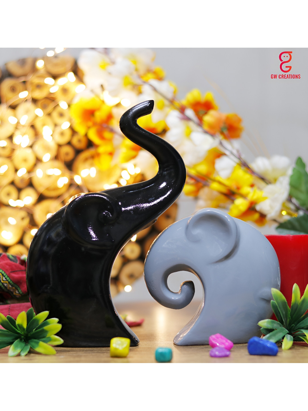 GW CREATIONS Elephant Family Black Polyresin Glossy Living Room Set of 2 Medium Showpieces - 1.2 Inches